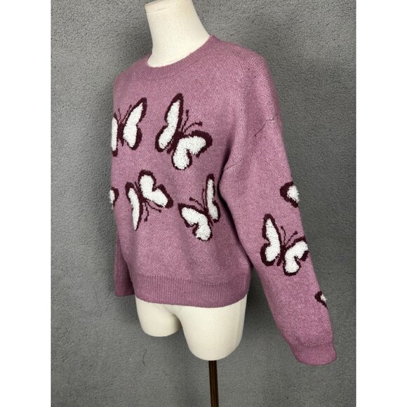 Hooked Up Junior "It Girl" Butterfly Pattern Crewneck Sweater Pink Medium NWTs - Picture 4 of 8